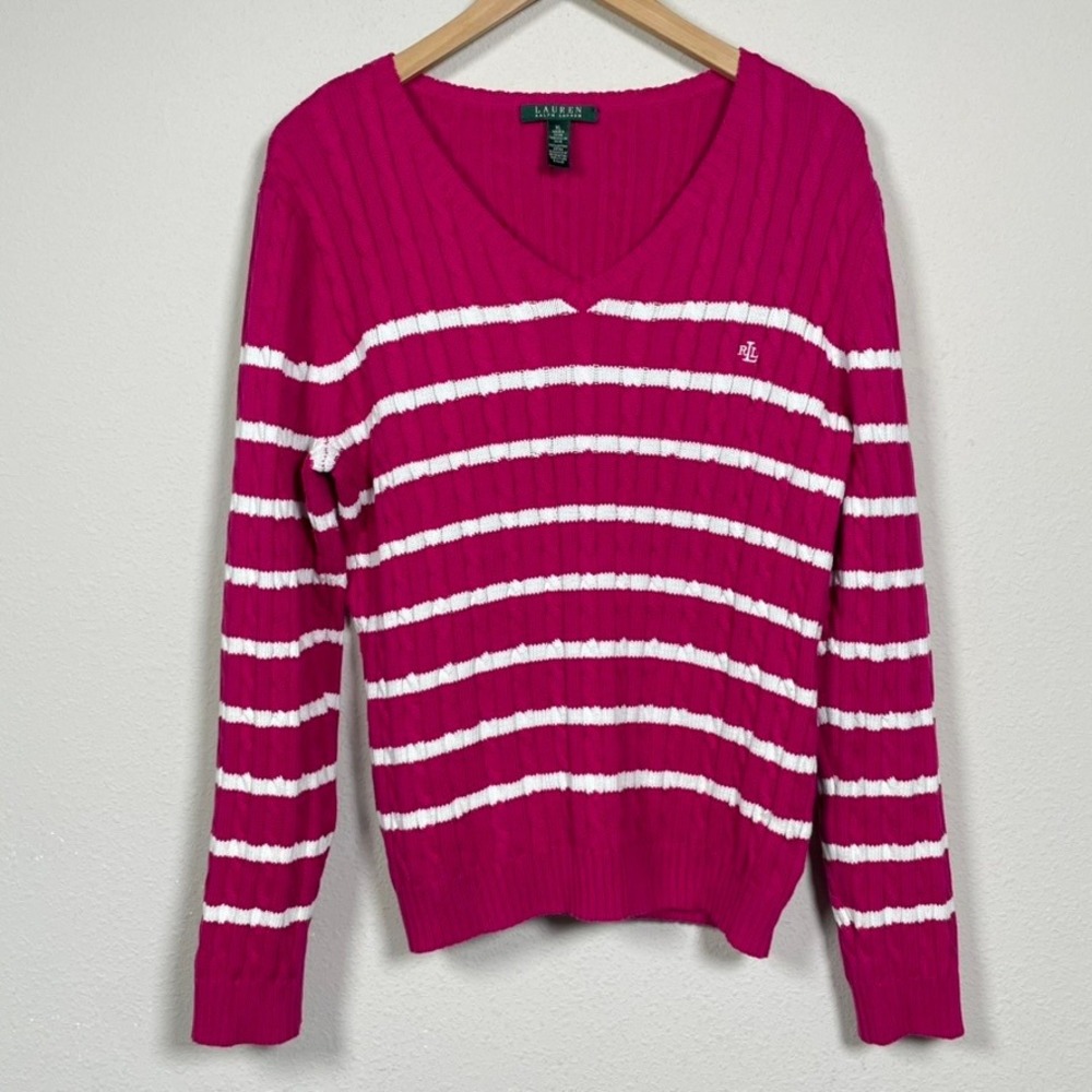 Lauren Ralph Lauren Sweater Women XL Pink White Striped Cable Knit V-Neck Cotton